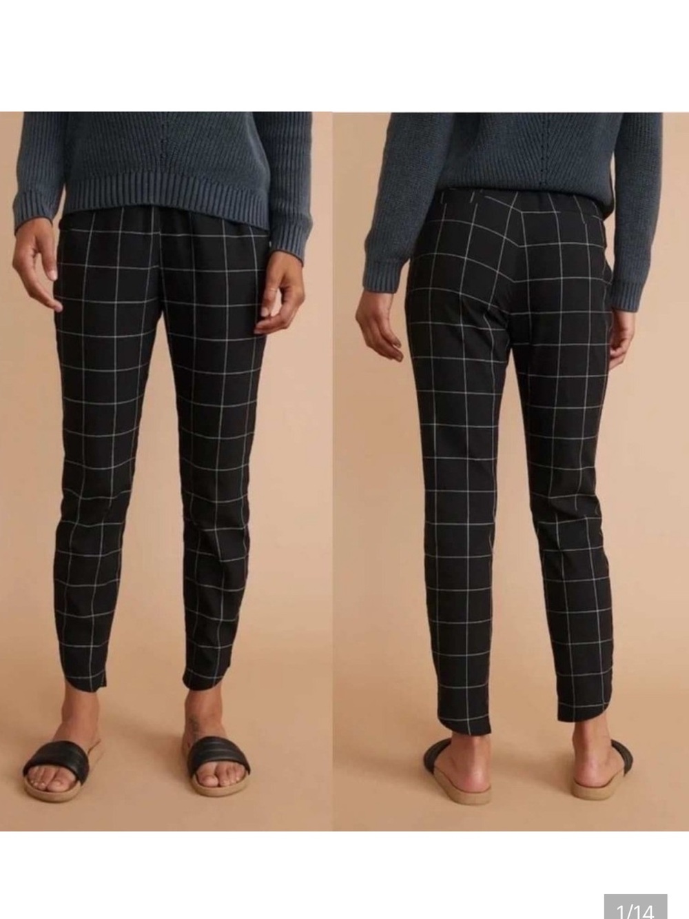 Marine Layer Allison Windowpane Grid Pants‎ Black White Tencel Tulip Hem Size XS